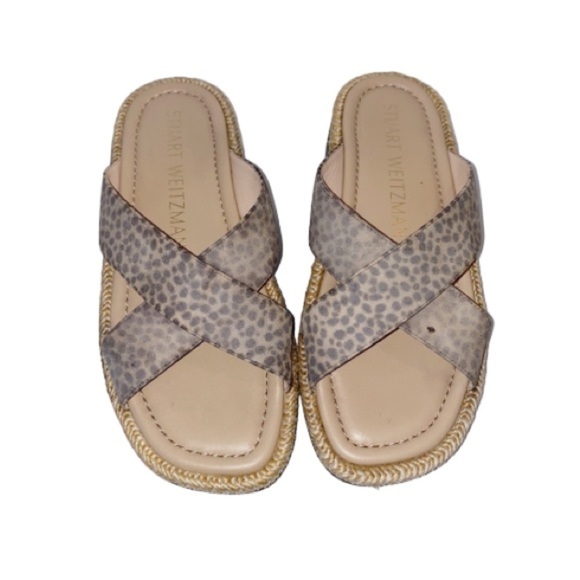 Stuart Weitzman Leopard Print Slide 7 Suede Sandals Rosa Lift Travel Confort - Picture 3 of 13